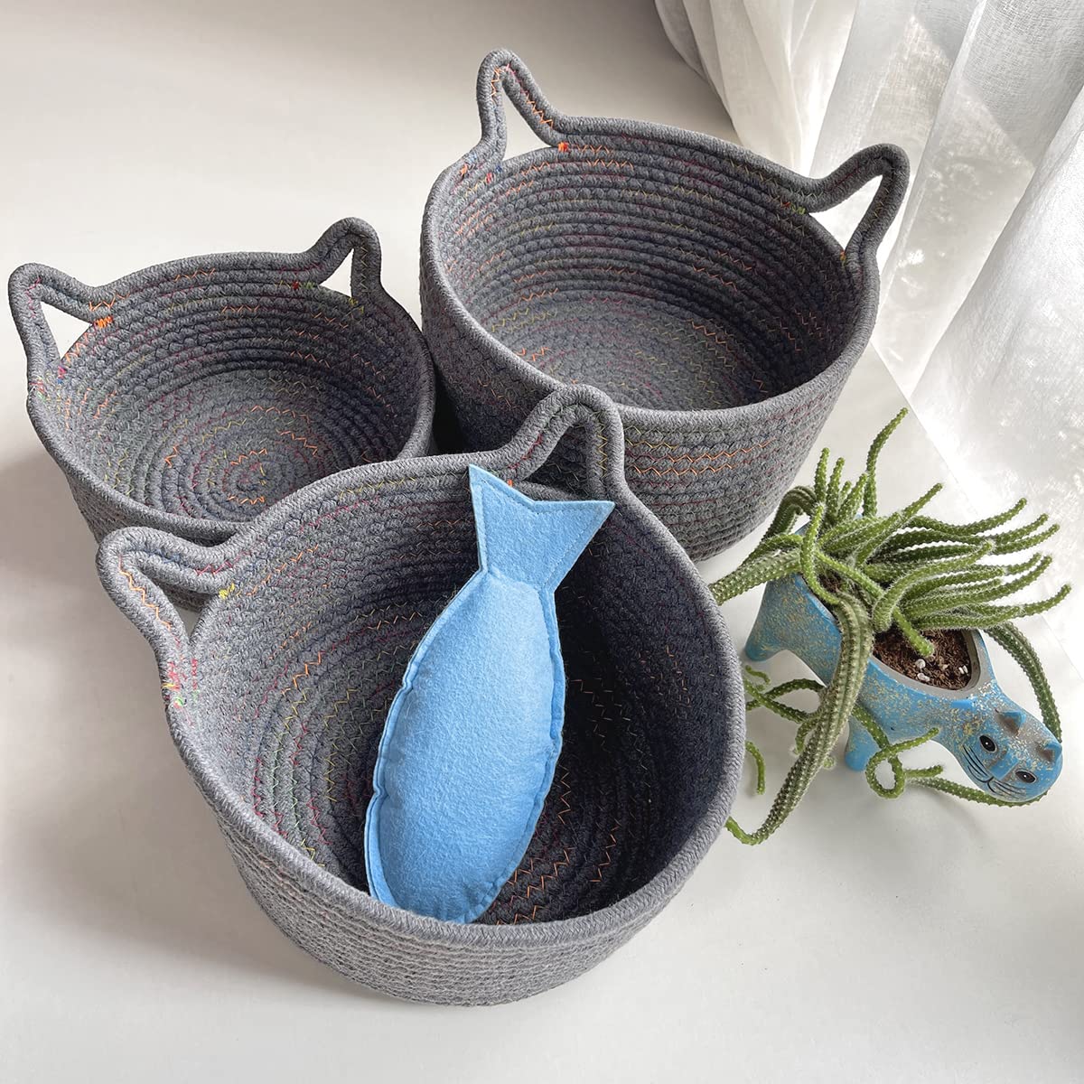 Small Woven Baskets | Mini Storage Bins | Cotton Rope Baby Nursery Organizers | Cute Round Cat Ears Basket for Organizing Desk Decor Kids Toy Dog Cat Baby Girls Gifts-Set of 3 (Grey mixed colors)