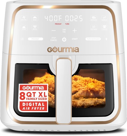 Gourmia 8 Qt Air Fryer - Digital Display, 8 Cooking Presets, FryForce 360° Technology, White