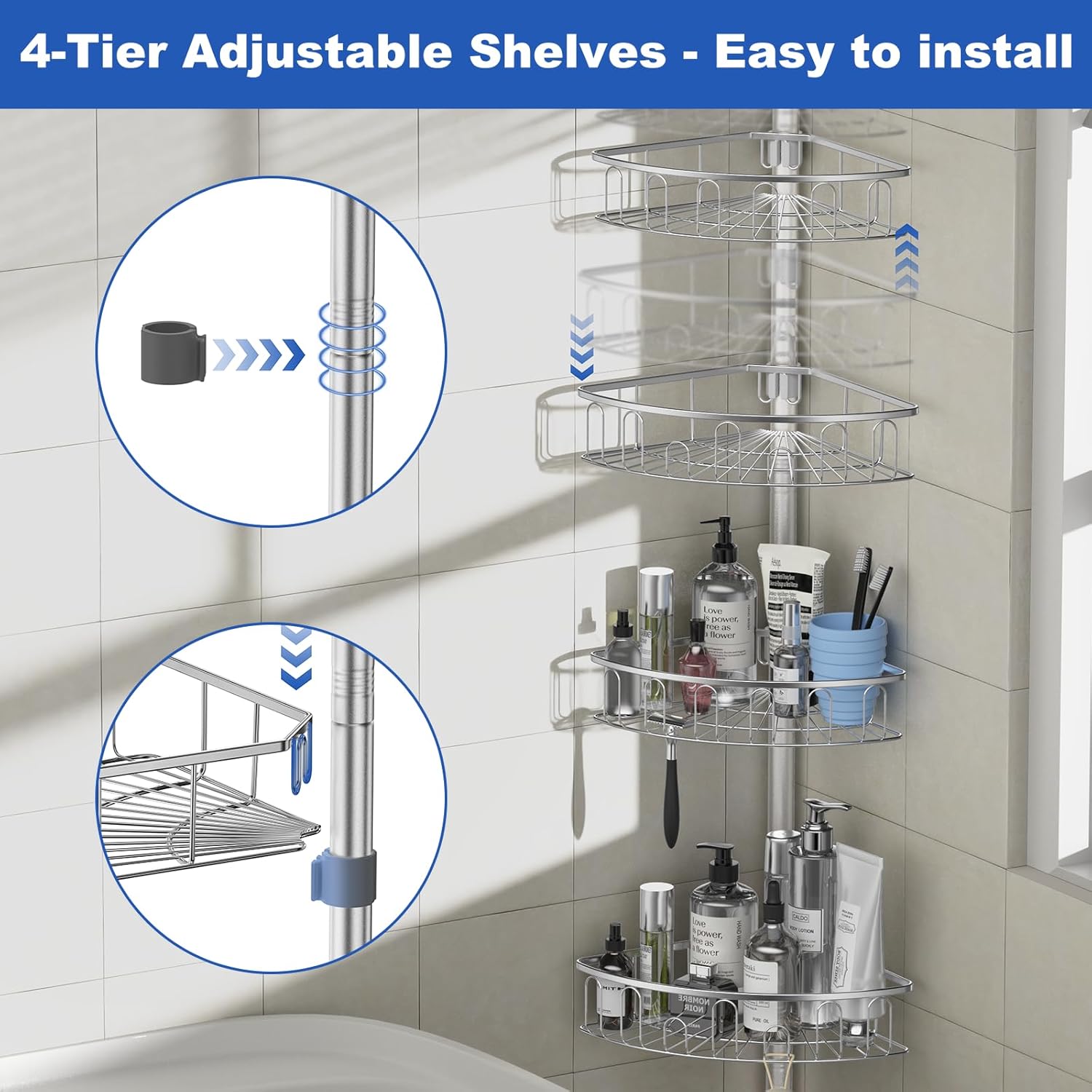 Skiennix Corner Shower Caddy - Aluminum Tension Pole Organizer with 4 Adjustable Rustproof Shelves | 47-121 Inch, No Drilling, Quick Installation