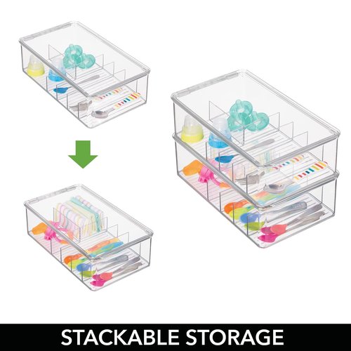 mDesign Stackable Plastic Storage Organizer Container for Kitchen Cabinets, Pantry, Countertops - Holds Kids, Child/Toddler Mealtime Sets, Small Accessories - 6 Sections - BPA Free, 2 Pack - Clear