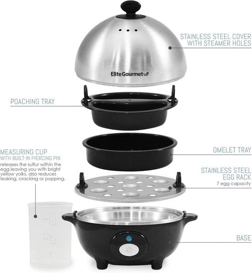 Elite Gourmet EGC-508 Rapid Egg Cooker - 7 Egg Capacity, Auto Shut-Off, Stainless Steel Design