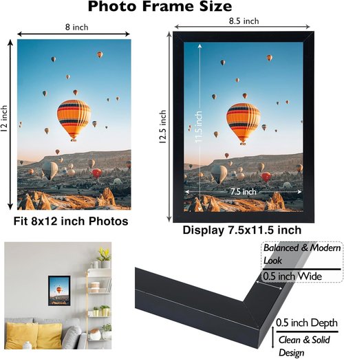 JCJMY 8x12 Picture Frame - Black Wall Hanging & Tabletop Display | Shatter-Resistant Plexiglass