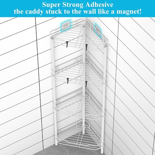 HuggieGems Corner Shower Caddy Organizer - 4 Tier Floor Standing Shelf with Hooks | White Bathroom Storage