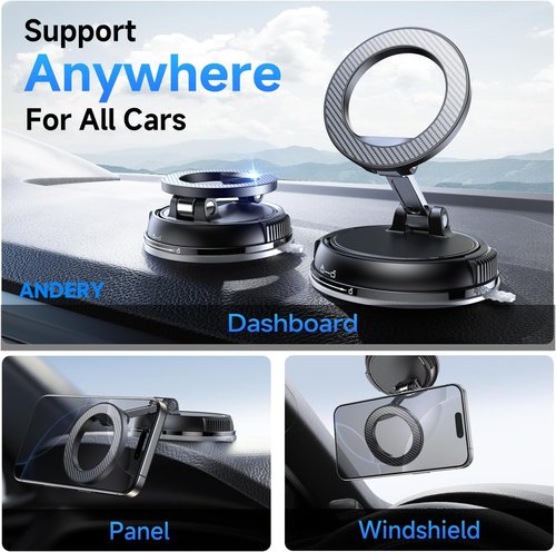 ANDERY Car Phone Holder - MagSafe Compatible | 2400gf Magnetic Grip & 360° Adjustable Mount for iPhone 17-12 Pro Max Plus, Carbon Fiber