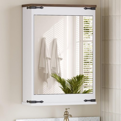 YATINEY Bathroom Medicine Cabinet with Mirror, Bathroom Mirror with Storage, Wall Storage Cabinet, with Single Mirror Door and 2 Shelves, for Laundry Room, Kitchen, Living Room, White