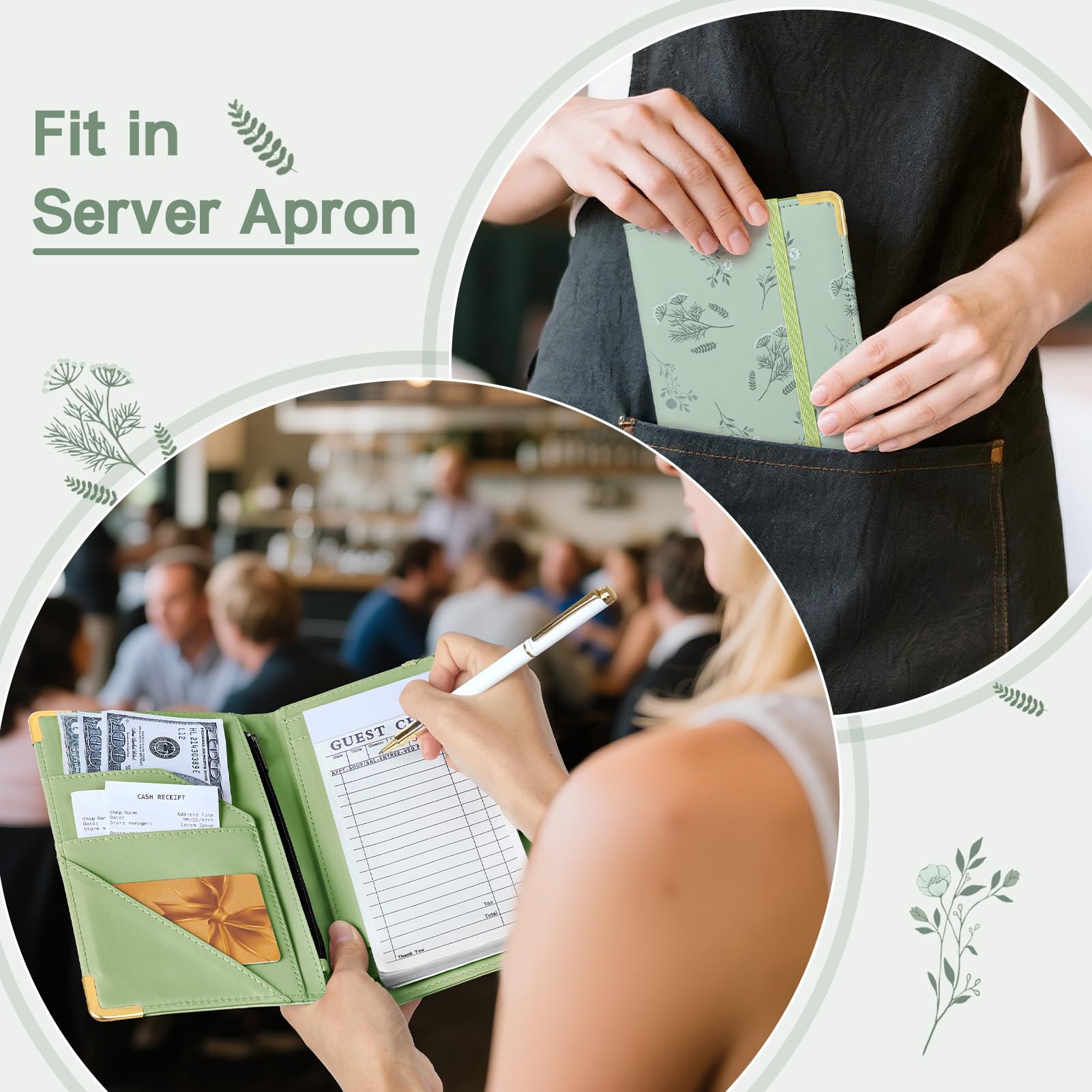 Server Book, Faux Leather Server Books for Waitress, Cute Servers Book with Zipper Pocket & Pen Holder, Serving Books Fits Servers Apron, Sage-Green