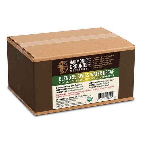 Harmonic Grounds Organic Decaf Mushroom Coffee Pods - Swiss Water Process, Medium Roast with Lion's Mane, Reishi, Chaga, Cordyceps & Turkey Tail - Compatible with Keurig K-Cup Brewers - 34 Count