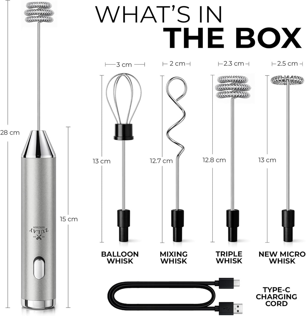 Zulay Kitchen Metal Rechargeable Milk Frother, 3 Whisk Attachments Handheld Frother Wand, 1800mAh USB-C Charging, Electric Drink Mixer for Protein, Matcha & Powders - One Charge Lasts up to 6 Months