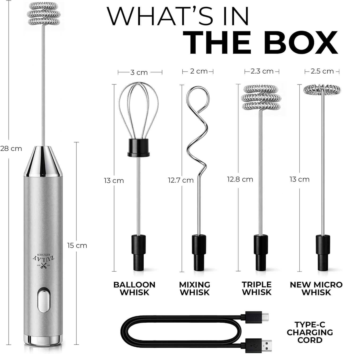 Zulay Kitchen Metal Rechargeable Milk Frother, 3 Whisk Attachments Handheld Frother Wand, 1800mAh USB-C Charging, Electric Drink Mixer for Protein, Matcha & Powders - One Charge Lasts up to 6 Months