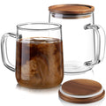 CMLKLZD Glass Coffee Mugs, 14 oz Glass Coffee Cups with Acacia Wood Lids, Clear Borosilicate Glass Mugs with Handles for Cappuccino, Tea, Latte, Hot/Cold Beverages, Wine, Americano, Set of 2