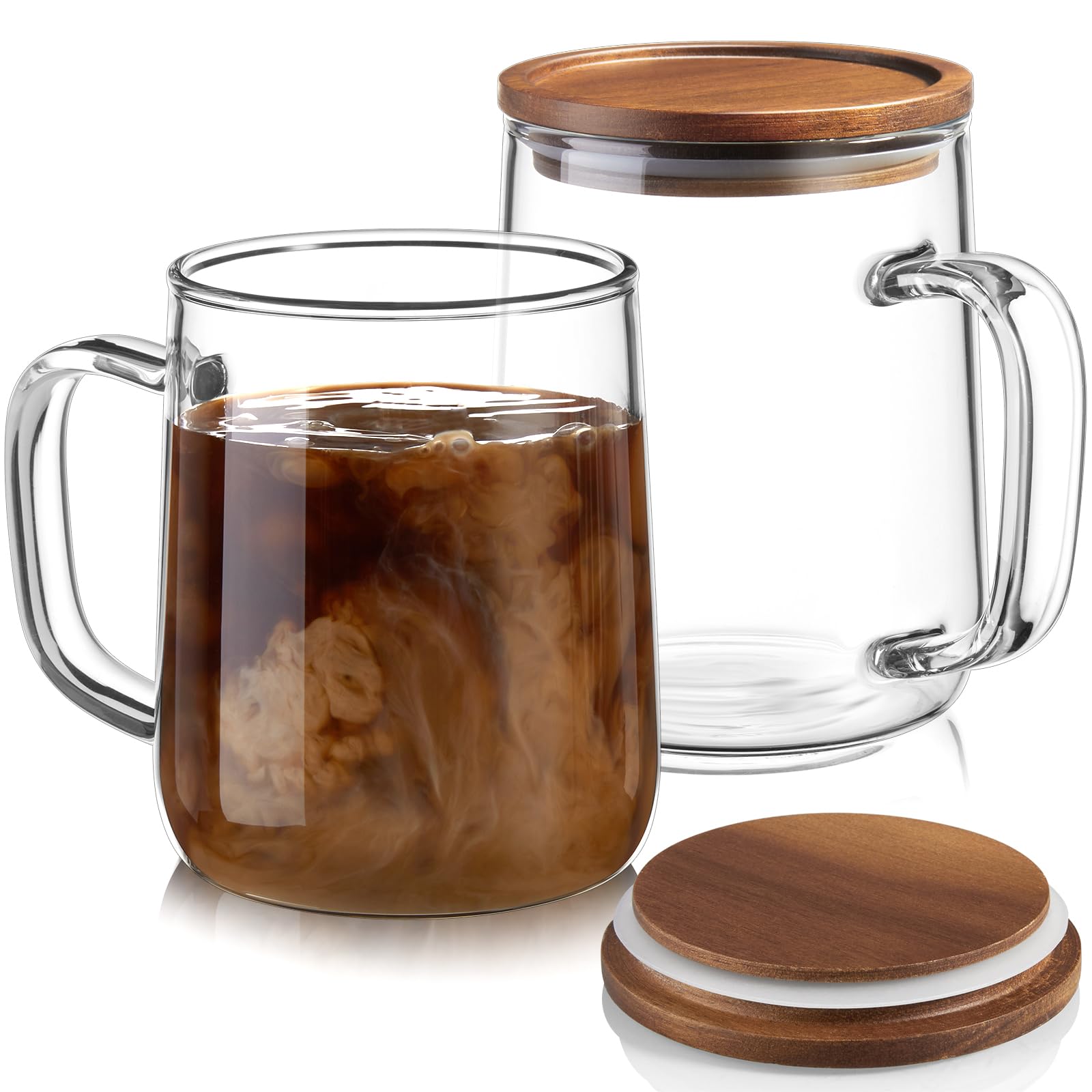 CMLKLZD Glass Coffee Mugs, 14 oz Glass Coffee Cups with Acacia Wood Lids, Clear Borosilicate Glass Mugs with Handles for Cappuccino, Tea, Latte, Hot/Cold Beverages, Wine, Americano, Set of 2