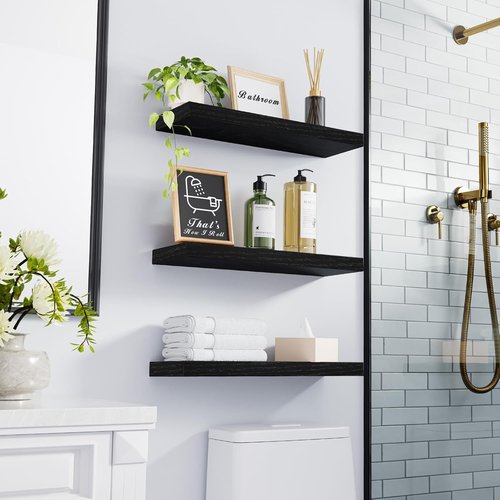 BAYKA Floating Shelves - Rustic Wall-Mounted Wood Shelves for Home Decor | Set of 3, 15.7in, Black