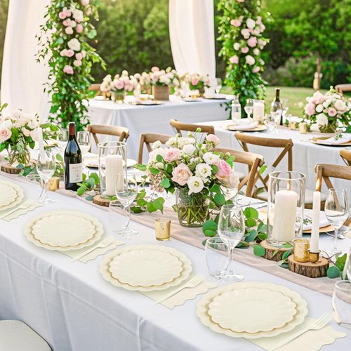 96 Pcs Ivory Paper Plates and Napkins Party Supplies Serve 24 Guests Include Scalloped Dinner Plate 9.5", Dessert Plate 7.5", Napkins Plastic Forks for Baby Bridal Shower Wedding Birthday
