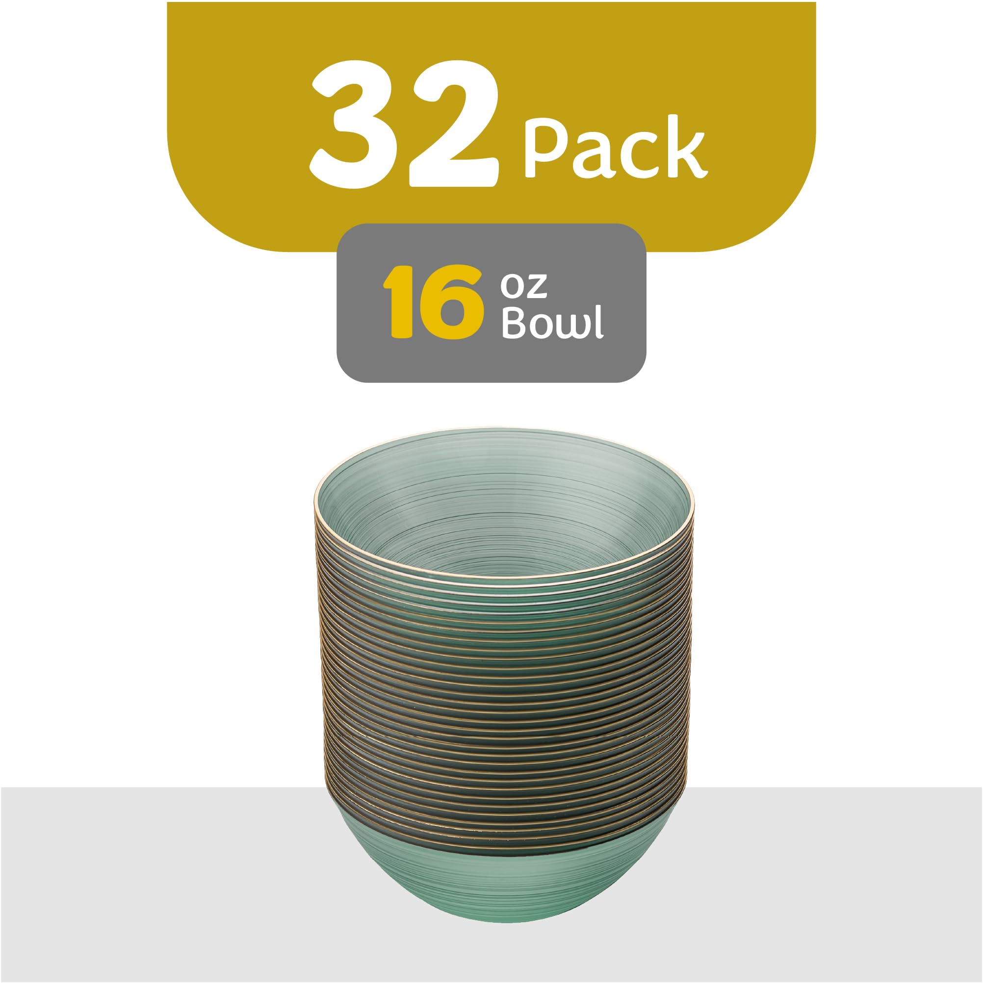 PLASTICPRO 32 Pieces Crystal Design Plastic Bowls 16 ounce Gold Rim Elegant Disposable Plates, Transparent Green