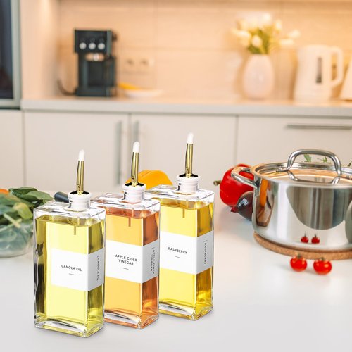Reallnaive 10 Sets Olive Oil Dispenser Bottles for Kitchen with Nozzles Funnel Labels Cooking Oil Dispenser 500ml Set for Kitchen Vinegar Coffee Syrup (Gold)