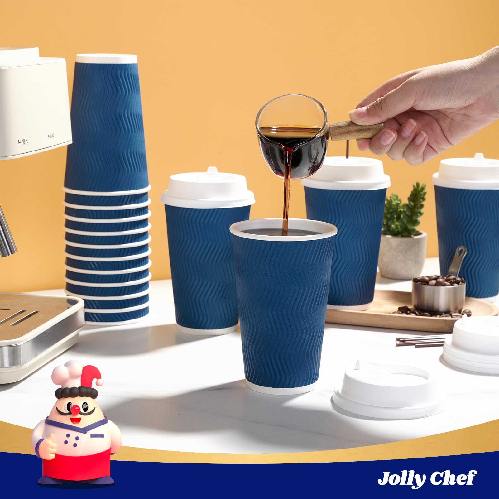 JOLLY CHEF 16oz Coffee Cups with Lids, 80 Pack Disposable Hot Paper Coffee Cups with Lids and Stirrers, Ideal for Travel, Office, Home, Cafe