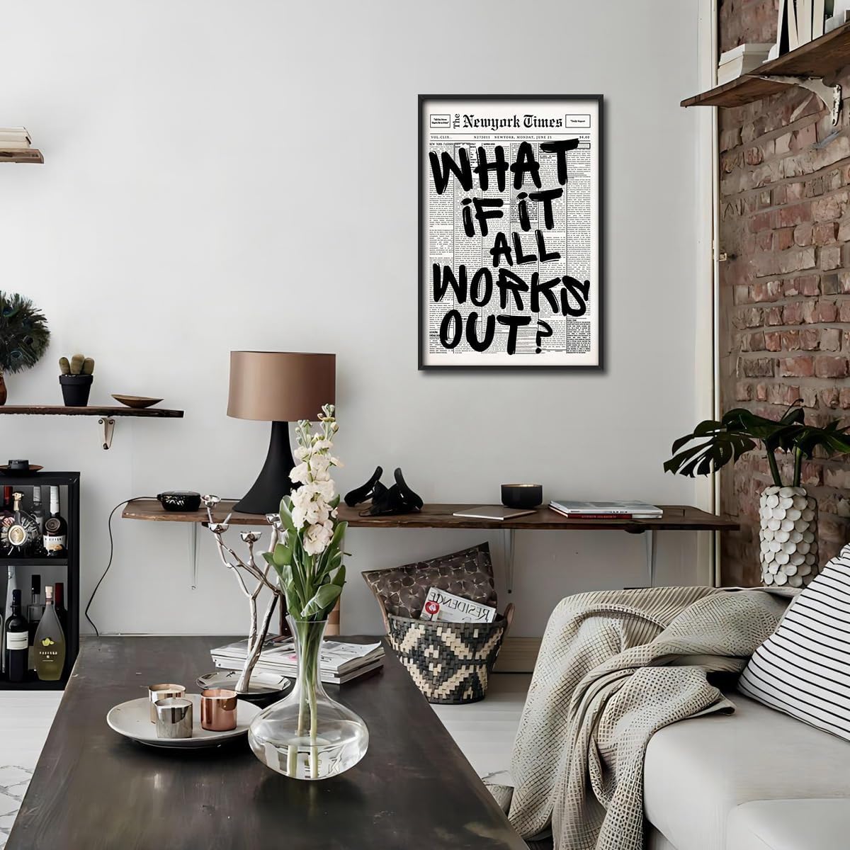 Skiennix Trendy Black and White Framed Wall Art | "What If It All Works Out" Poster for Preppy Dorm Decor
