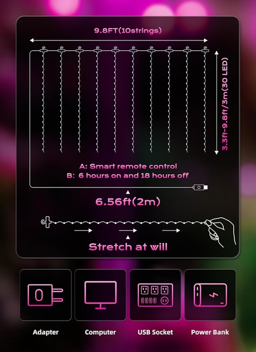 Brightown 300 LED Pink Fairy Curtain Lights - 9.8ft String Lights with Remote & 8 Modes for Indoor/Outdoor Decor