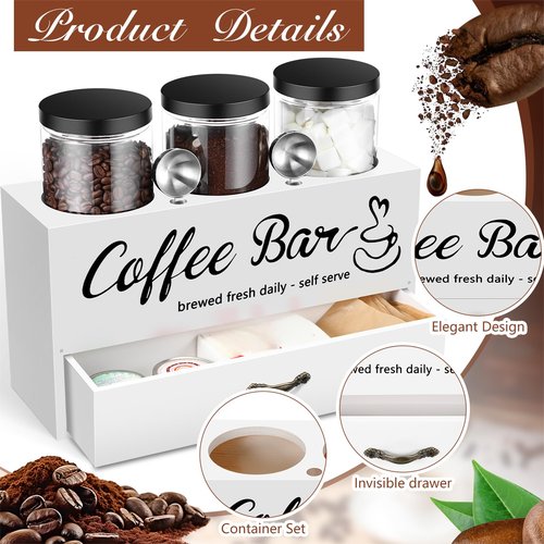 Skybooly 3 Pcs Coffee Canister Set with Shelf and Spoon Plastic Coffee Bean Storage Container with Lids Coffee Storage Box with Drawer Food Storage Jars for Coffee Bar Kitchen (White)