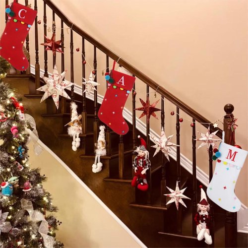SIRIPHUM 19.5 Inches Initial Monogram White Christmas Stocking Personalized, Embroidered Letter Fleece Christmas Stocking with pom poms Decoration for Family Christmas Holiday Party Decor-A