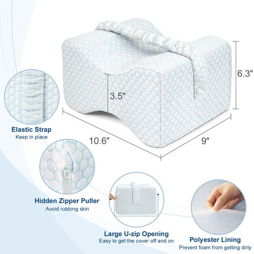KingPavonini Cooling Knee Pillow for Side Sleepers, Gel Memory Foam Leg Pillows for Side Sleeping with Ice Silk Cover and Strap, Knee Pillow for Back Hip Pain, Spine Aligning, Sciatica, Pregnancy