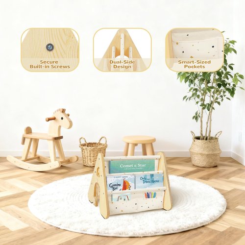 wooshwa Wooden Kids Bookshelf with Double Side, Montessori Book Shelf for Toddlers,4 Tier Sling Book Rack for Baby Nursery Room, Playroom, Classroom Bedroom (Terrazzo)