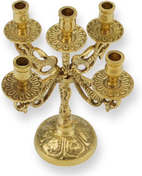 Home Icon Brass Candle Holder for 5 Candles - Includes Drip Trays for Altar & Prayer Corner