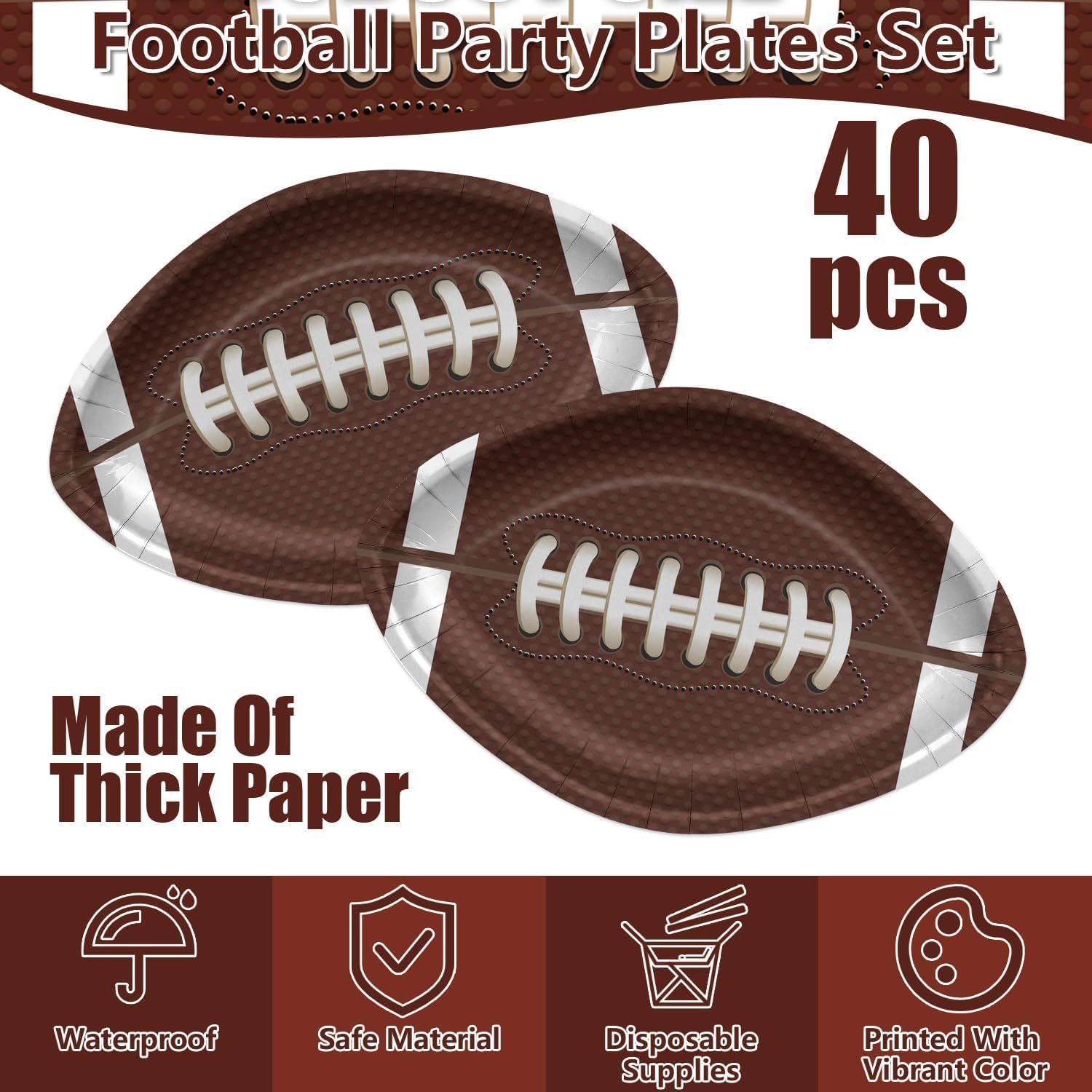 PIXHOTUL 40 Pcs Football Shaped Plates, Football Party Decorations Football Party Plates Football Disposable Paper Plates for Kids Men Football Birthday Party Tailgate Party Football Game Day (40)