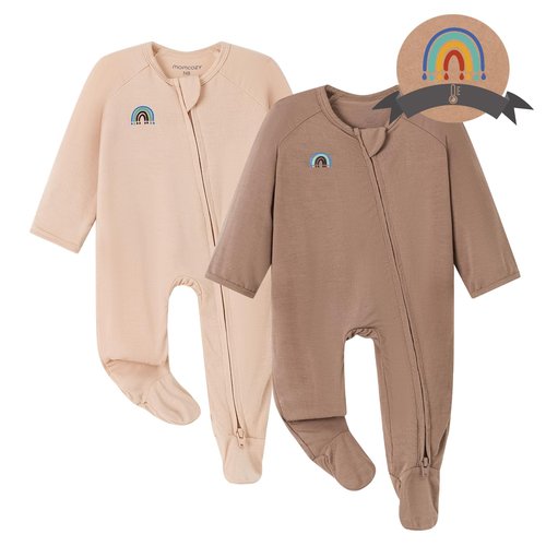 Momcozy Unisex Baby Pajamas, Baby-Temp Monitoring Double Zipper Boy Girl Sleepers Rompers Footie, 2 Pack Light Weight Stretchy Viscose Derived from Bamboo Baby Jammies, 0-3 M, Pinkish Grey Brown