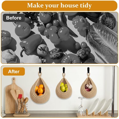 Hanging Fruit Basket for Kitchen, 3 Pack Wall Hanging Fruit Baskets with 3 Hooks, Boho Hanging Wall Basket, Hanging Kitchen Baskets for Fruits, Vegetables and Onion Storage, Linen