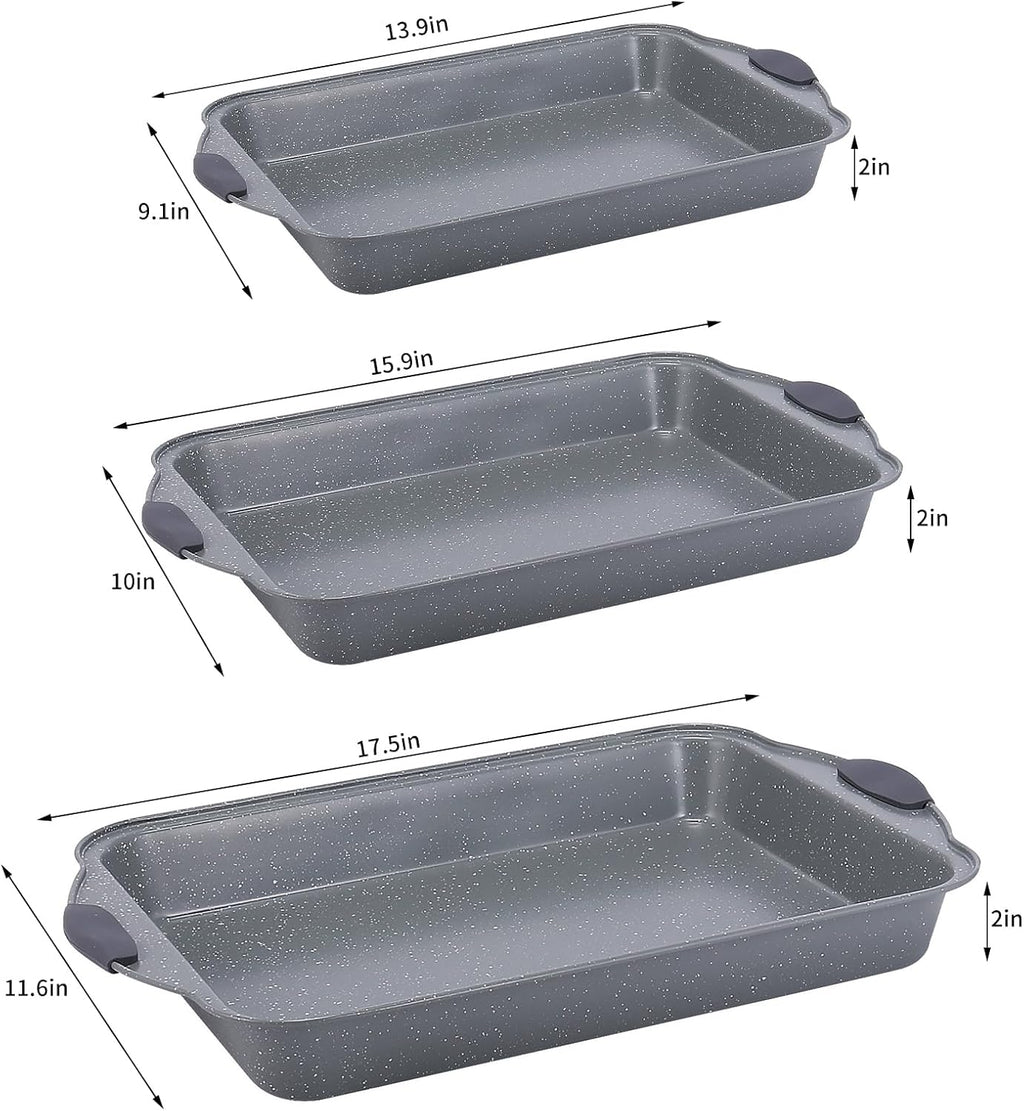 Anveena Nonstick Kitchen Oven Baking Pans - Premium Commercial Grade Bakeware with Red Silicone Handles | Easy to Clean Gray - 3-Piece Set