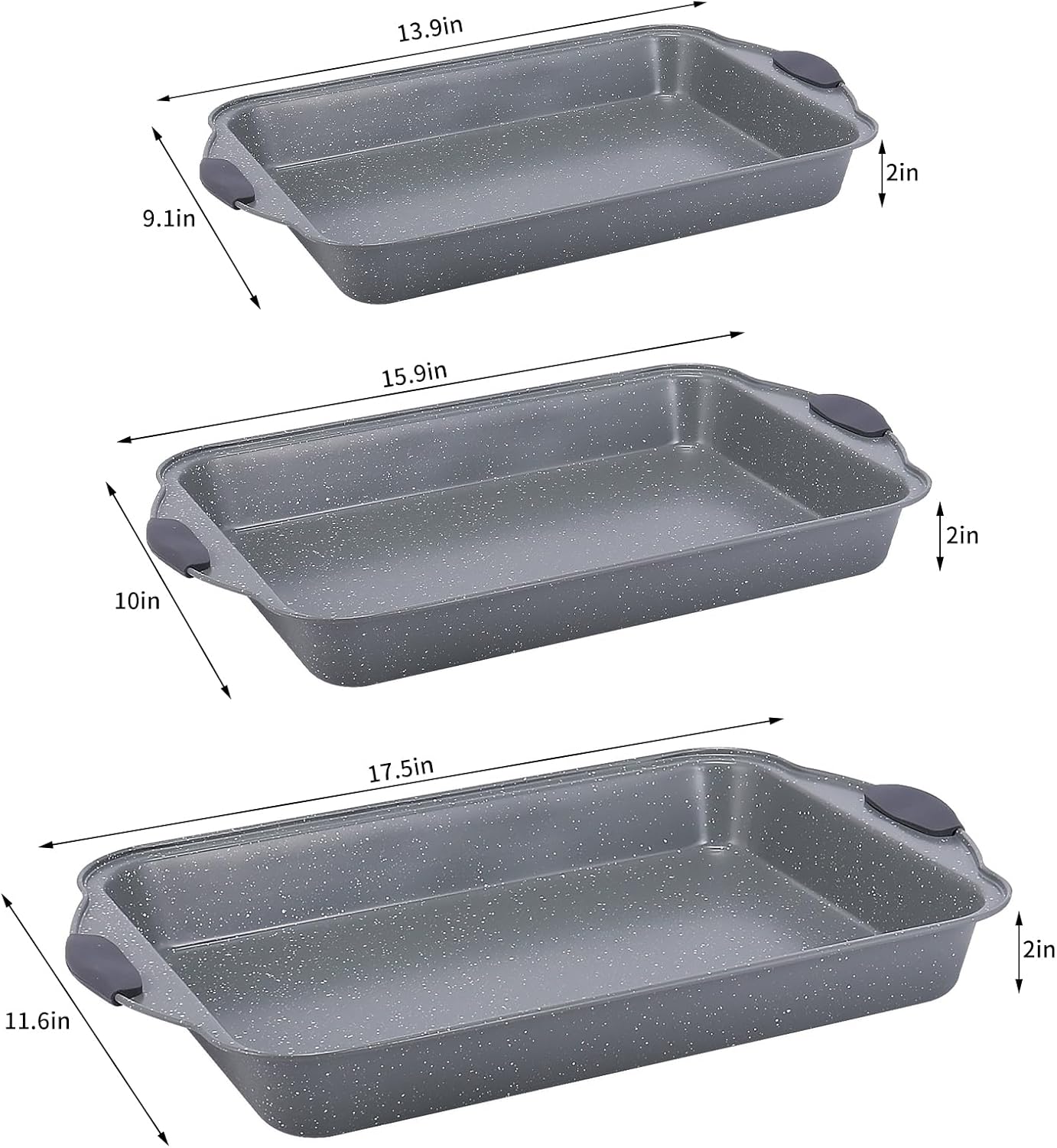 Anveena Nonstick Kitchen Oven Baking Pans - Premium Commercial Grade Bakeware with Red Silicone Handles | Easy to Clean Gray - 3-Piece Set