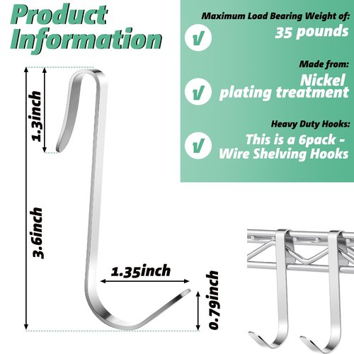 Yaocom 6 Pcs J Hook for Wire Shelving 3.6 Inch Large Heavy Duty Metal Shelf Hooks for Wire Shelves Racks Closet Shelving Accessories