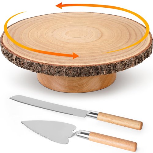 Cake Turntable 12" Wooden Cake Stand with Cake Cutting Set Rustic Cake Stand for Wedding/Party/Baby Baptism/Reception Event/Rotating Cake Display Stand