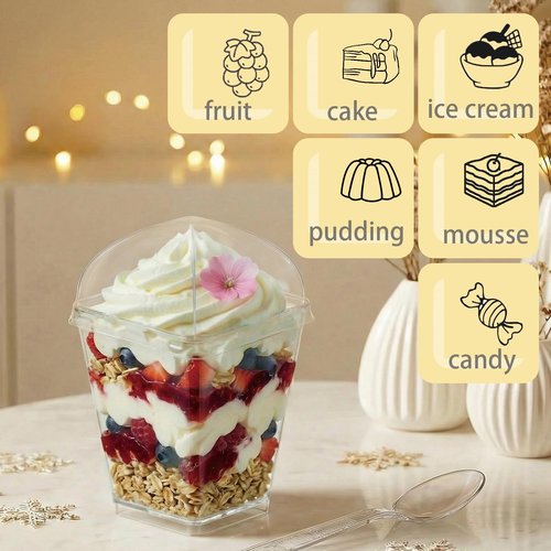 Legredic 50Pack 5oz Plastic Dessert Cups with Lids and Spoons, Square Clear Parfait Appetizer Cups, Mini Reusable Shooter Serving Cups, Party Dessert Shot Glasses for Tasting