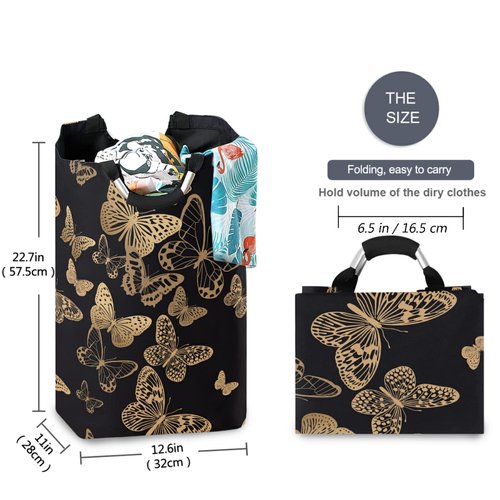 visesunny Large Capacity Laundry Hamper Basket Black Gold Butterfly Water-Resistant Oxford Cloth Storage Baskets for Bedroom, Bathroom, Dorm, Kids Room
