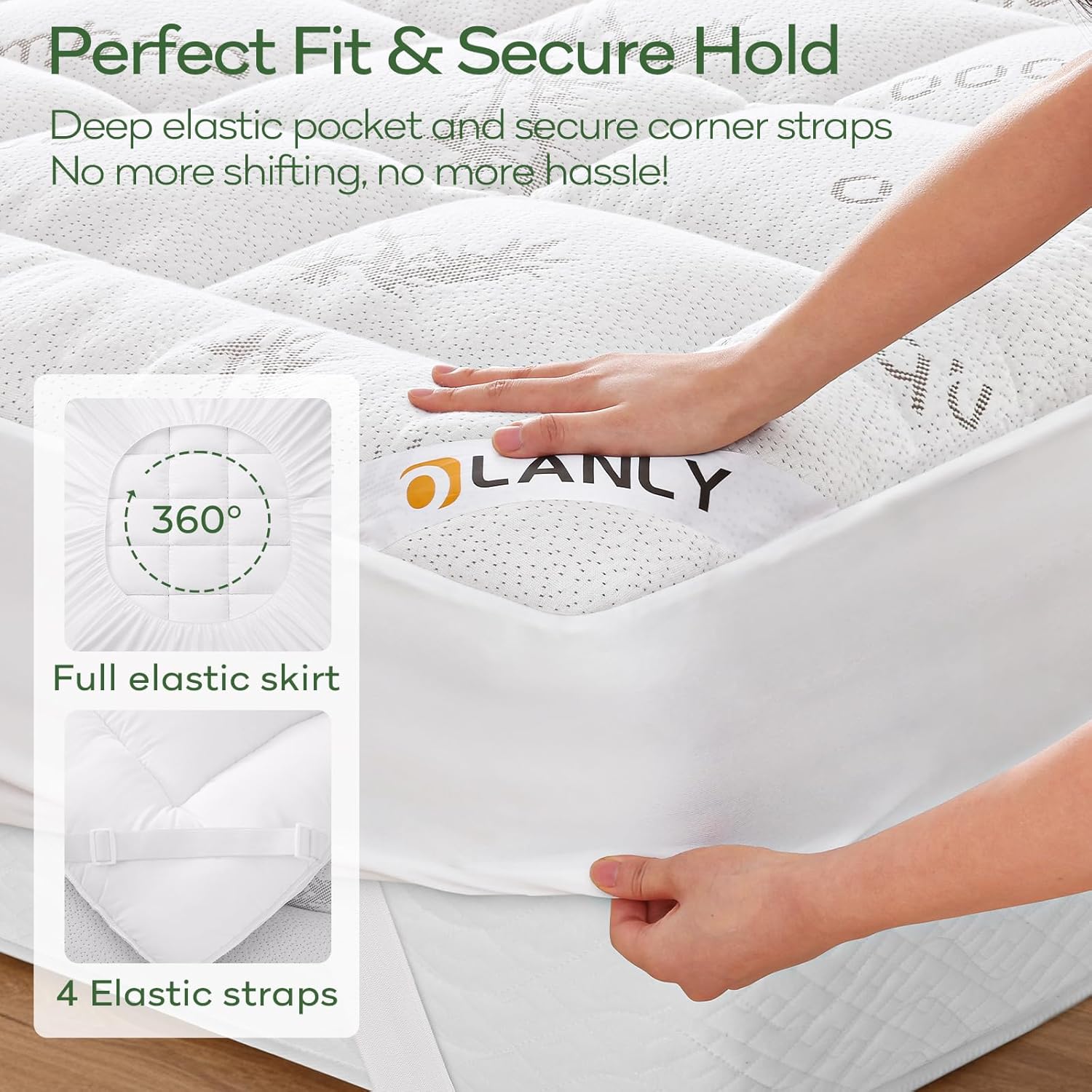 OLANLY King Mattress Topper - Cooling Bamboo Viscose Pillow Top for Back Pain Relief | Plush Down Alternative, White