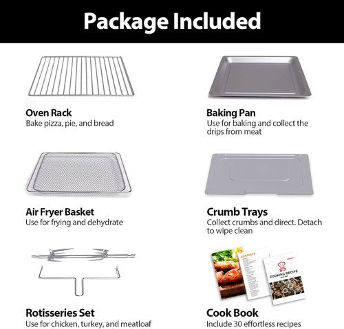 Beelicious 32QT Extra Large Air Fryer - 19-in-1 Toaster Oven Combo with Rotisserie & Dehydrator | Black, 1800W