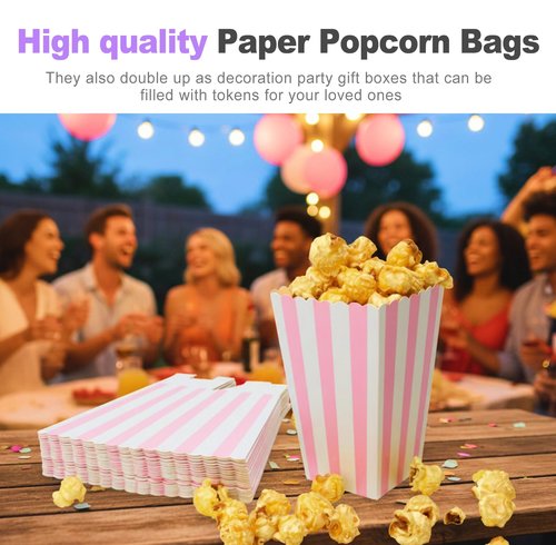 ZeriLion 24 Pack Pink Popcorn Boxes | Striped Pink and White Popcorn Containers | for Movie Night, Party Favors