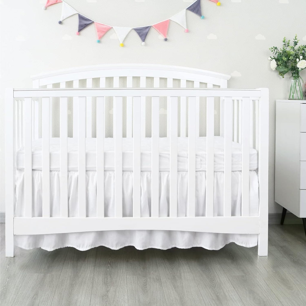 Crib Bed Skirt - Skiennix 28” x 52” Pleated Dust Ruffle | Adjustable Fit for Toddler Beds, Soft White
