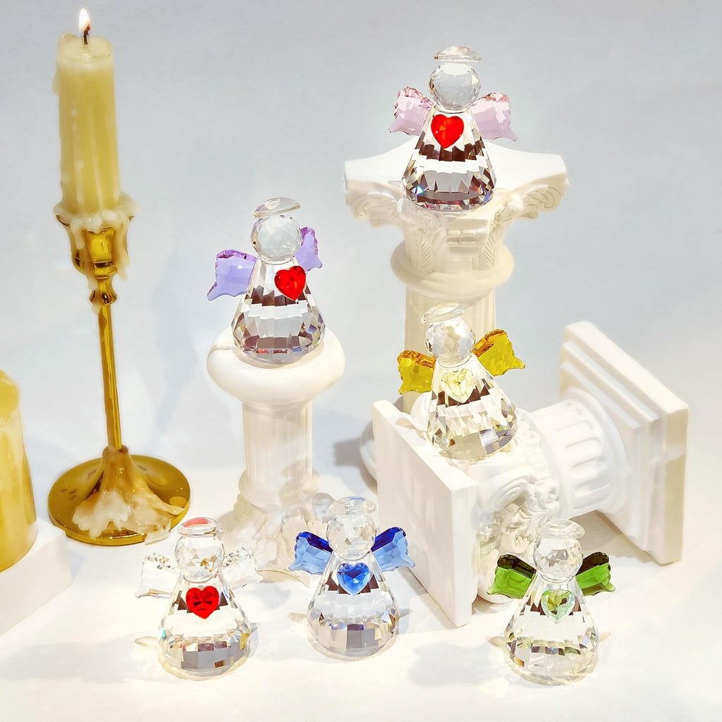Crystal Guardian Angel Figurine Set - 6 Handcrafted Glass Ornaments for Home Decor | 2.5” Tabletop Collection