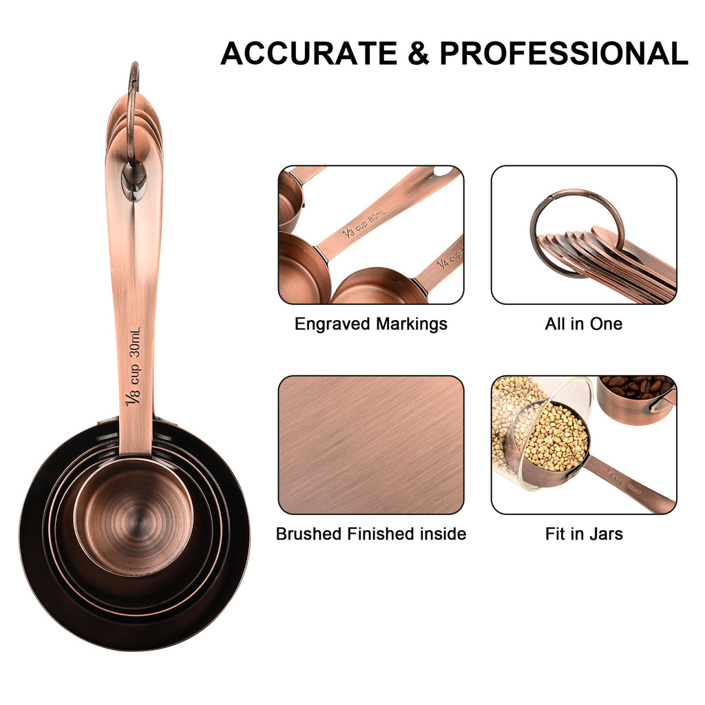 Viwehots Copper Measuring Cups and Spoons Set 16, Dry&Liquid Stainless Steel Measuring Cups and Spoons, 7 Metric&US Measing Cups & 6 Measuring Spoons & Measure Equivalents for Kitchen&Baking