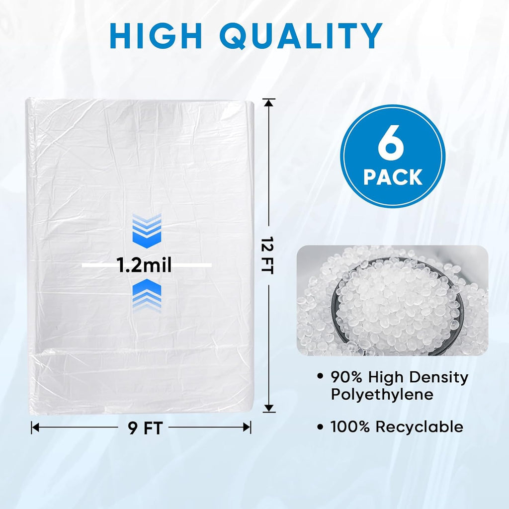 TICONN Plastic Drop Cloth - 12 x 9 Ft Waterproof Sheeting for Painting & Furniture Protection | 6PK, 1.2Mil