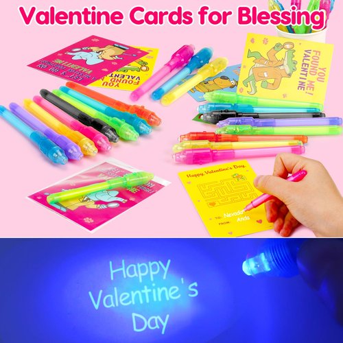28PCS Spy Pens Valentines Day Gifts for Kids School Magic UV Light Pen Valentine Exchange Cards for Kids Classroom Toddler Boy Girl Valentine’s Class Party Favors Goodie Bag Stuffers Bulk Prizes