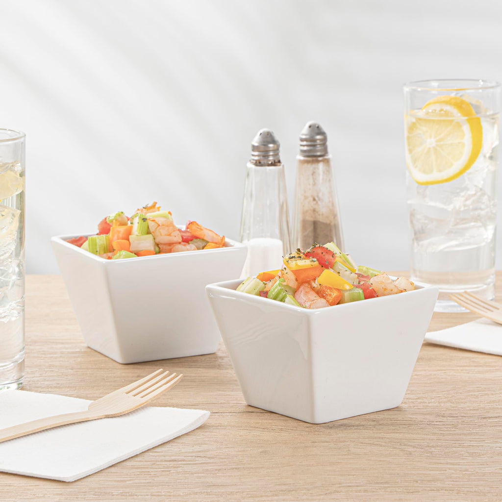 Restaurantware 6 Ounce Small Dessert Cups 10 Square Fondue Bowls - Oven Safe Chip Resistant White Porcelain Porcelain Dip Bowls Dishwasher Safe For Snacks Or Desserts
