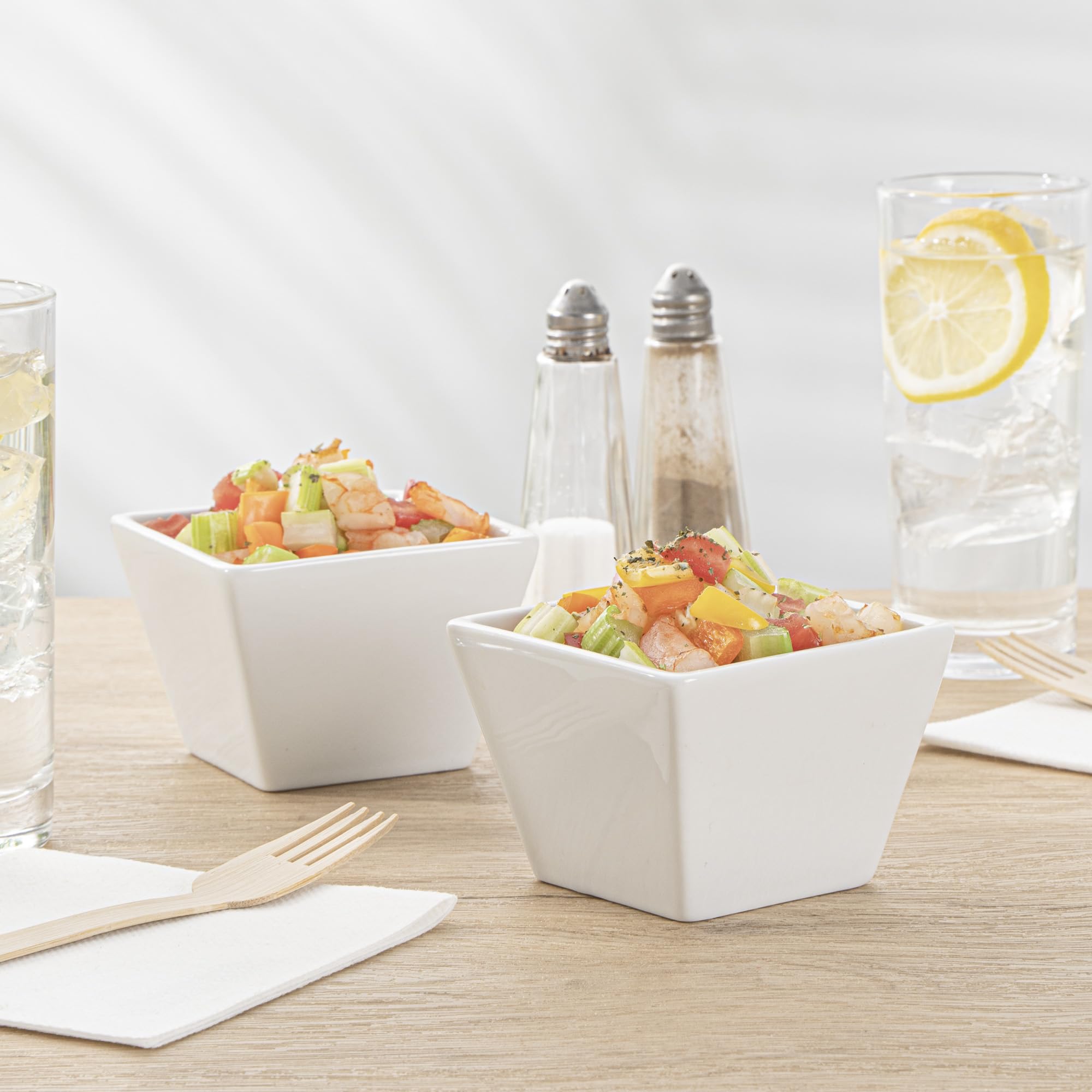 Restaurantware 6 Ounce Small Dessert Cups 10 Square Fondue Bowls - Oven Safe Chip Resistant White Porcelain Porcelain Dip Bowls Dishwasher Safe For Snacks Or Desserts