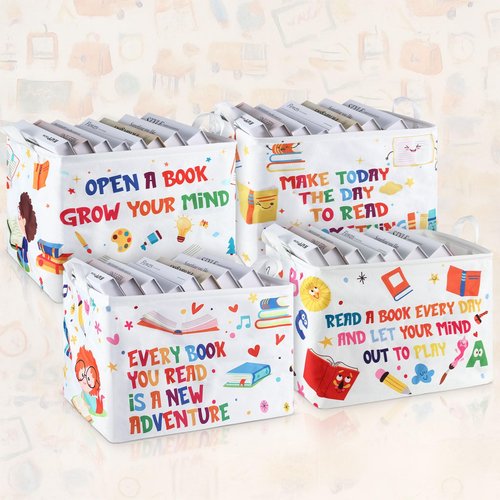 Domensi 4 Pcs Back to School Collapsible Book Bins Reading Book Basket 15.7 x 11.8 x 11.8 Inches Cartoon Kids Books Bin Storage for Classroom Library Nursery Room Rectangle Storage Bin Bedroom Toy