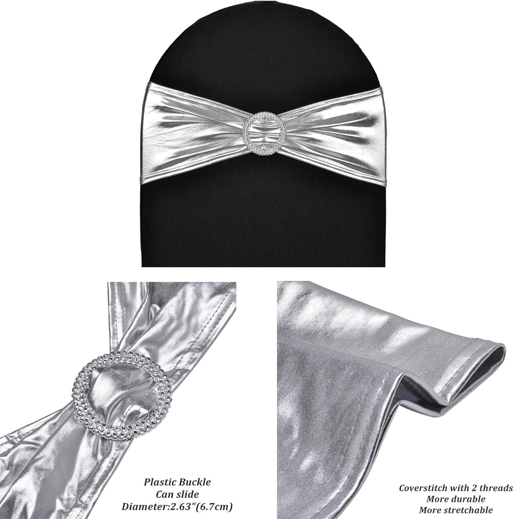 Skiennix Metallic Silver Stretch Chair Sashes - Durable Spandex Fitted Bows for Weddings & Events | 10 Pack