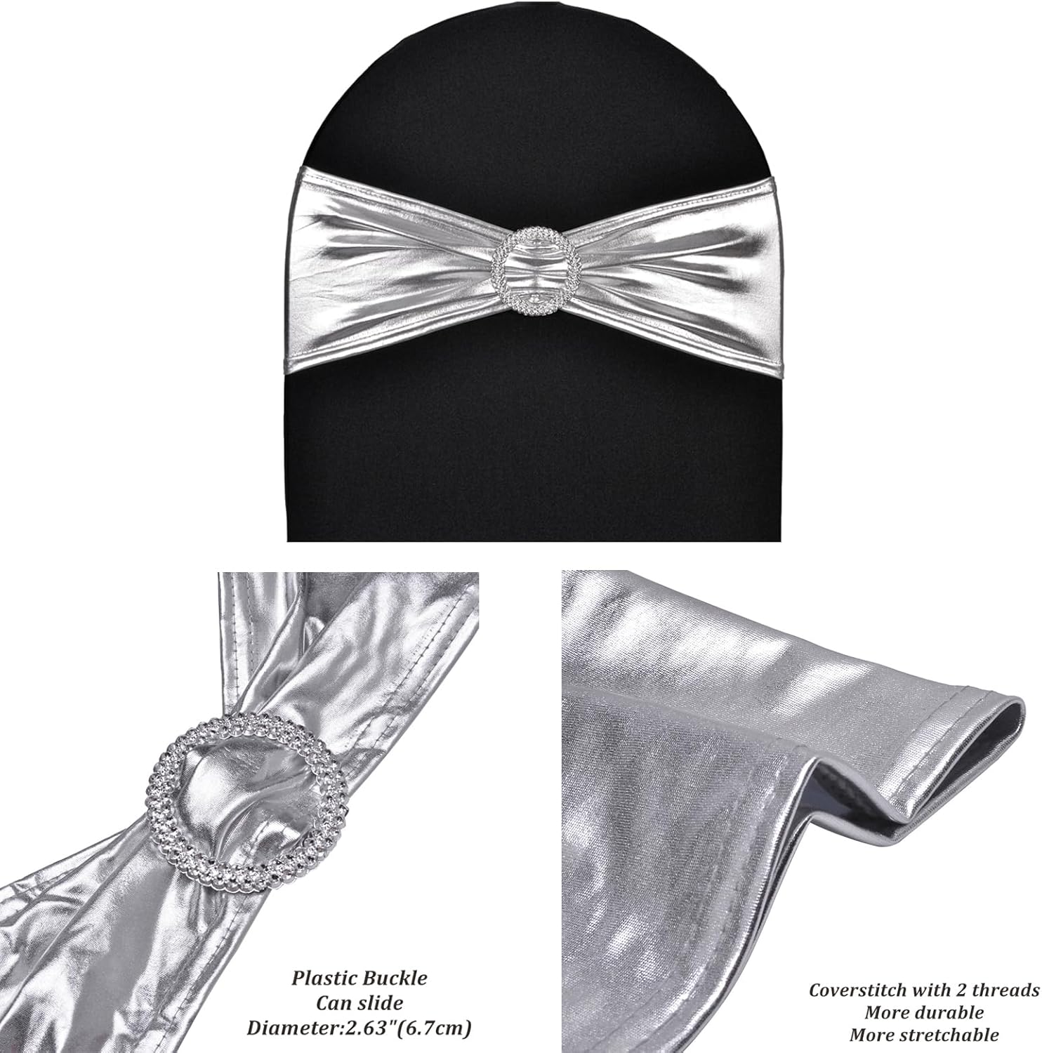 Skiennix Metallic Silver Stretch Chair Sashes - Durable Spandex Fitted Bows for Weddings & Events | 10 Pack