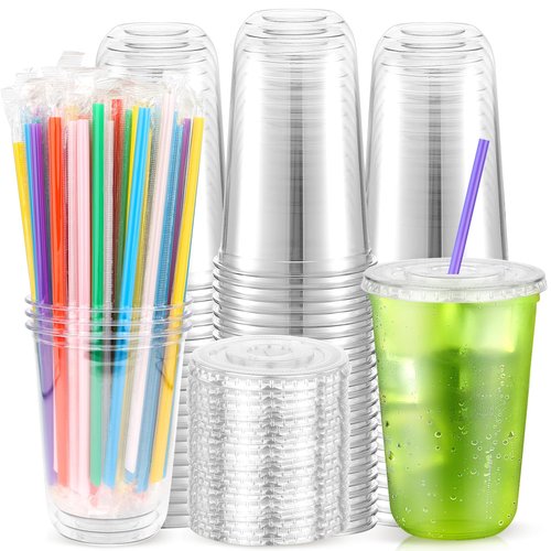 Etersky 50PCS 16 oz Clear Plastic Cups with Lids and Colorful Straws, Round Bottom Disposable To Go Coffee Smoothie Juice Bubble Tea Cups, PET Party Cups for Holiday, Birthdays, Picnics, Christmas